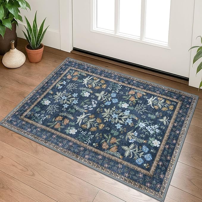 Boho Entryway Rug 2x3 Washable, Navy Floral Kitchen Rug, Super Thin Faux Wool Small Area Rug, Non-Slip Soft Carpet for Foyer, Bedroom, Office
