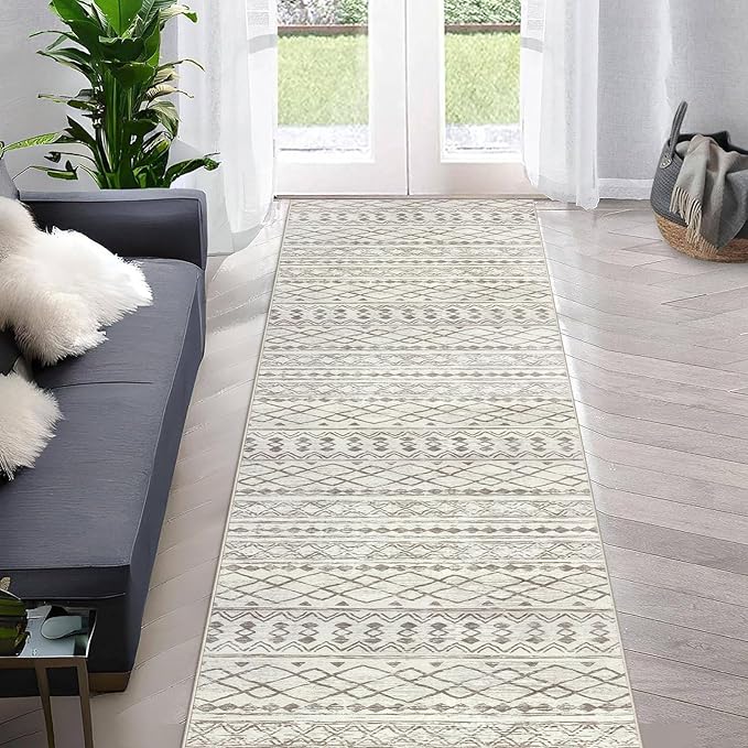 KUTA Moroccan Boho Runner Rug 2.6x10 Non-Slip Vintage Beige Washable Hallway Kitchen Rugs Ultra Soft Distressed Geometric Floor Carpet Runners for Bedroom Laundry Living Room