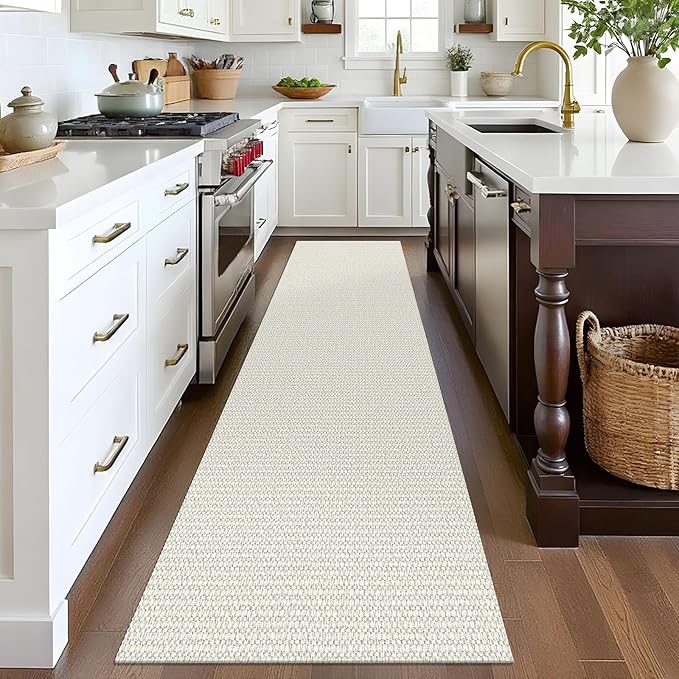 EARTHALL Woven Runner Rug 2x8 Ft Washable Runners for Hallways Cotton Rubber Backed Kitchen Runner Braided Indoor Floor Carpet Runners for Entryway, Hallway, Kitchen, Bedroom, Cream/Grayish