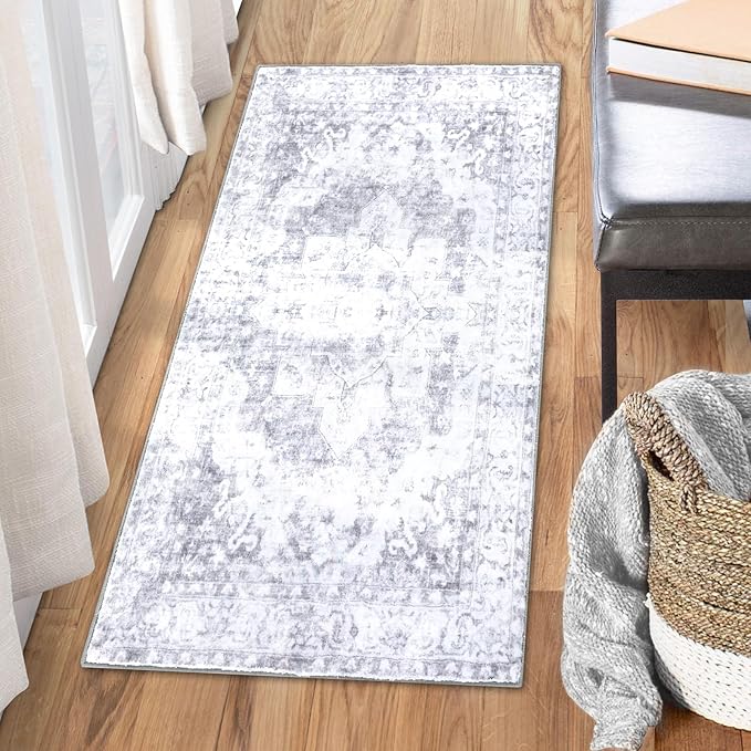 COMSLE Washable Door Mat, Front Door Mat Indoor Faux Wool Absorbent Small Rugs for Entryway Distressed Throw Rug Non-Slip Accent Floor Carpet for Entrance Bedroom, 24X48 Inches Gray