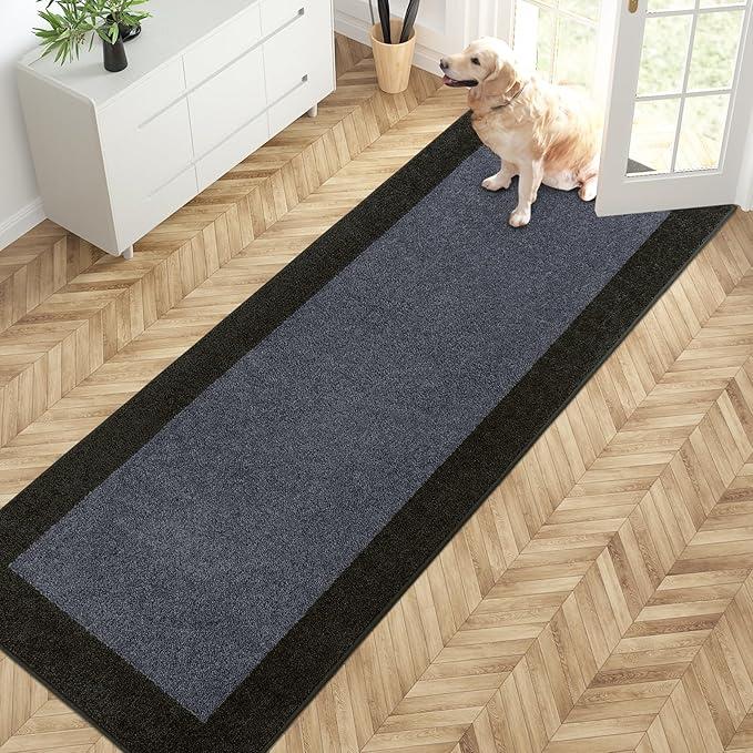 PURRUGS Dirt Trapping Door Mat 32" x 84", Non-Slip/Skid Machine Washable Entryway Rug, Shoes Scraper, Throw Rug, Super Absorbent Area Rug for Muddy Wet Shoes and Paws, Bluish Grey & Charcoal