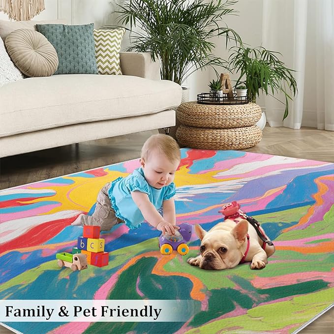 Boho Sun Area Rugs 5x8ft, Watercolor Mountain Living Room Carpet, Abstraction Deco Decorative Carpet Protect Floor for Bedroom Men Office Hardwood Floors
