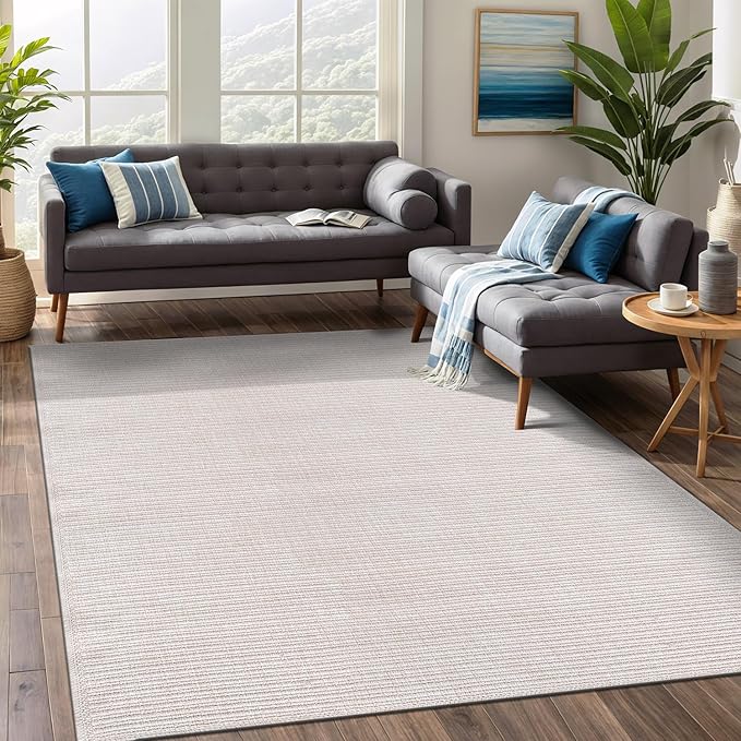 Beverly Rug Easy Jute Off White Rug 8x10 Solid Washable Durable Outdoor Indoor Area Rugs for Living Dining Room Patio Office Stain Resistant Non Shedding Casual Indoor Outside Carpet 8 x 10 Off-White