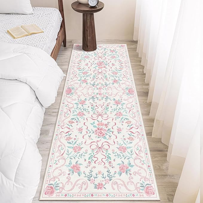 Washable Non-Slip Runner Rugs 2X6, Pink Rug Boho Farmhouse Bow Floral Area Rug for Hallway Kitchen Bedroom Beside Laundry Room Bathroom Rug, Low Pile Stain Resistant Soft Floor Carpet