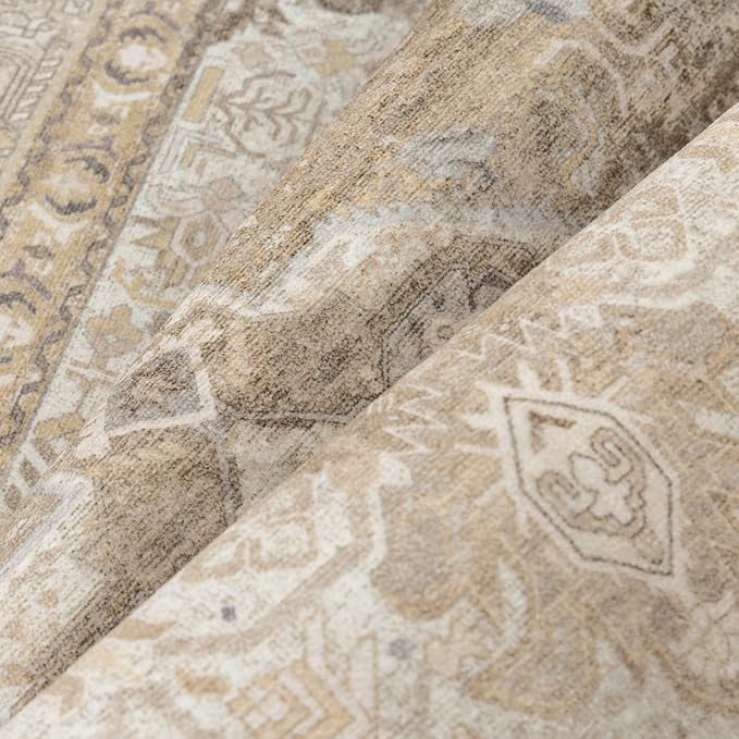 9x12 Washable Vintage Area Rug for Living Room Bedroom Non Slip Distressed Traditional Soft Large Throw Rug Beige Brown Low Pile Lightweight Floral Carpet Classroom Office Home Decor
