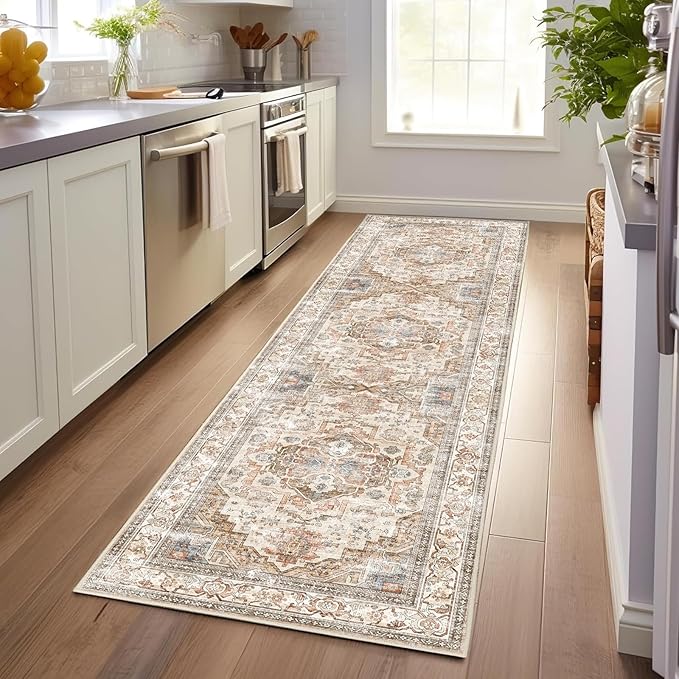Enkor Runner Rugs for Hallway, 2.6x8 Washable Soft Non Slip Floor Rugs for Kitchen, Modern Mat for Living Room Bedroom Entryway Beige & Brown