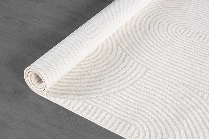 Beverly Rug Modern Geometric Area Rug 5x7 Low-High Pile Durable Soft Abstract Semi-Circles Indoor Rugs for Living Dining Room Office Stain Resistant Non Shedding Indoor Carpet Beige White 5 x 7