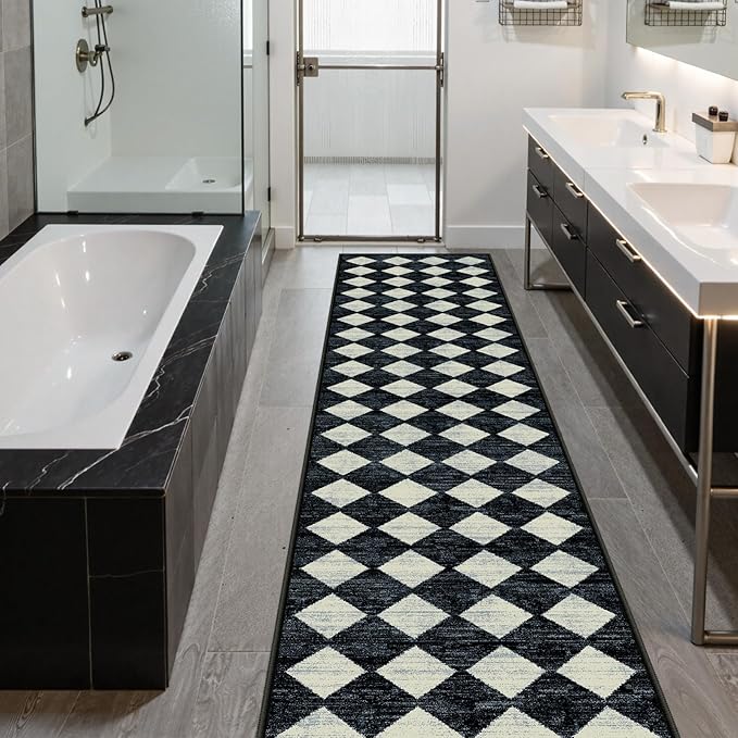 Lahome Checkered Washable 2x12 Runners for Hallways Non Slip, Black Kitchen Bathroom Runner Rugs, Modern Trellis Ultra-Thin Indoor Carpet Runner for Bedroom Dorm Classroom Decor (2'x12',Black)