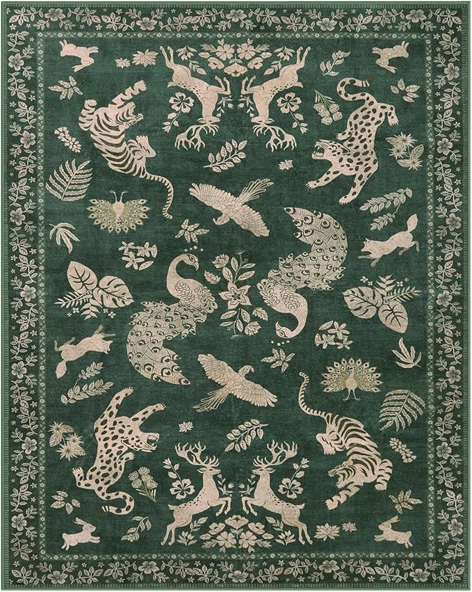 Moynesa Green 8x10 Area Rugs for Living Room, Washable Vintage Neutral Farmhouse Animal Area Rug for Bedroom Dining Room Office Study, Faux Wool Soft Non Slip Retro Carpets for Indoor
