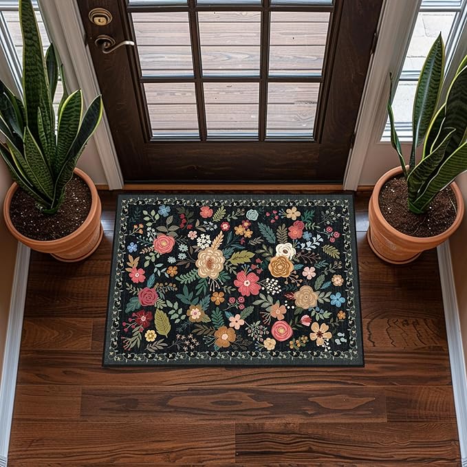 Door Mat Indoor Entrance 2x3 Rug Non-Slip Bathroom Small Rugs Stain Resistant Washable Rug for Kitchen Vintage Floral Entry Rug Front Door Mat (2x3 Black)