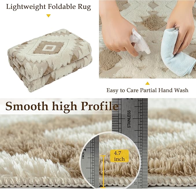 Ivory Brown 5x7 Area Rug Washable Living Room Moroccan Shag Carpet Non Slip Soft Neutral Boho Plush Pile Large Throw Rug for Kitchen Office Dining Room Bedroom Laundry