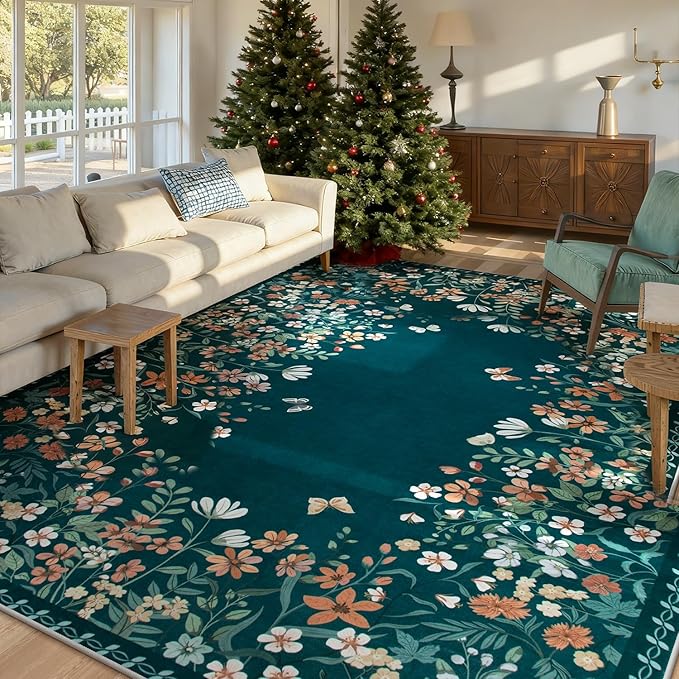 Wonnitar Washable 5x7 Floral Rugs for Living Room, Non-Slip Soft Bedroom Rug, Vintage Low Pile Dining Room Teal Green Area Rug Floor Carpet for Mud Room (Teal Green,5'x7')