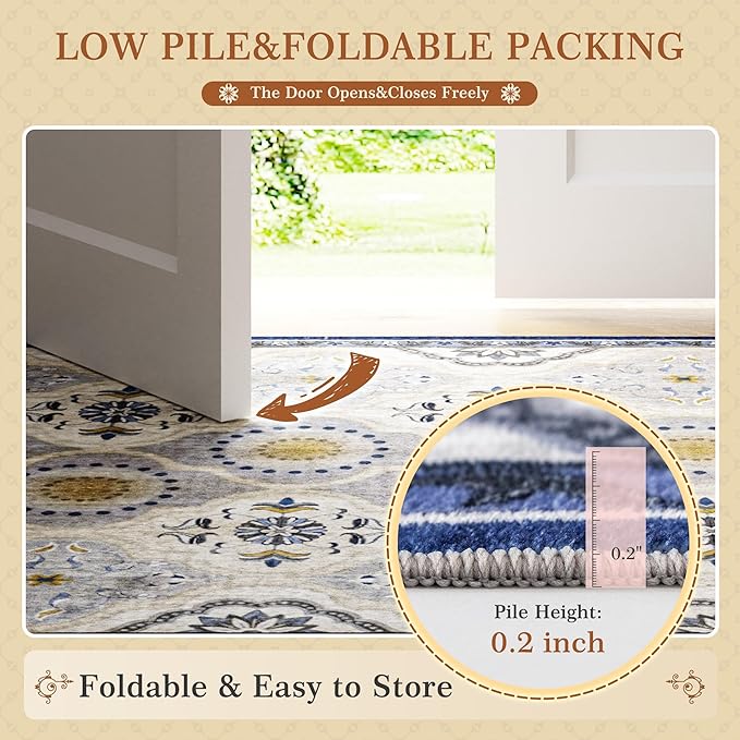 EnHomee Area Rugs 3x5, Soft Washable Rugs for Living Room Bedroom, Boho Non Slip Low Pile Stain Resistant Washable Rug Large Carpet for Dining Room,Easy to Clean Living Room Rug, Blue