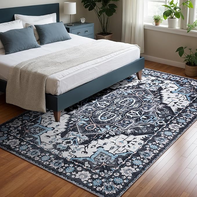 5x7 Washable Rug – Boho Non-Slip Indoor Area Rug for Living Room, Bedroom, Dining Room, Entryway – Black and Ivory with Ice Blue Accents