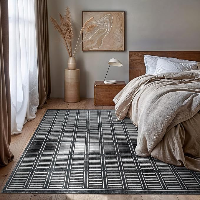 Rugshop Bohemian Stripe Lines Washable Non Slip Area Rug 8' x 10' Black