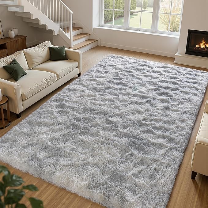 Zentavio Grey and White Area Rugs for Living Room Large Men Room Carpet 9x12 Bedroom Fluffy Furry Shag Aesthetic Plush High Pile Floor Rug for Kids Room Dorm Home Decor Tie-Dyed