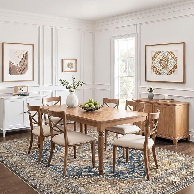 9x12 Area Rug Living Room: Washable Boho Large Neutral Vintage Soft Rugs Stain Resistant Farmhouse Non-Slip Indoor Floor Carpet for Bedroom Nursery Kids Office Dining Room Playroom- Yellow Blue