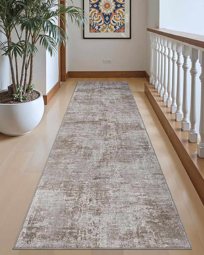 DEXI Hallway Runner Rug 3x12, Modern Abstract Non Slip Thin Soft Runners Carpet, Stain Resistant Washable Indoor Rug for Hallway Entryway Kitchen Laundry Room Living Room, Red Brown