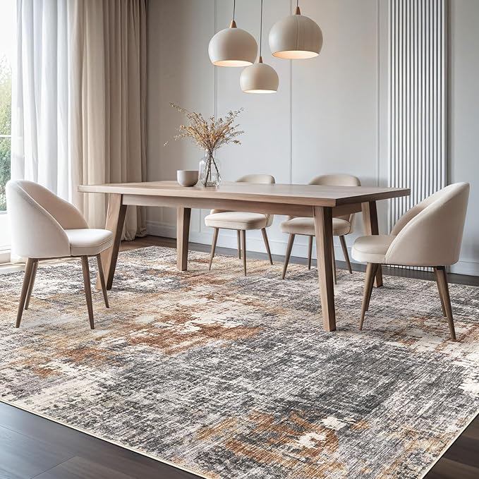 Area Rug Living Room Rugs - 8x10 Washable Large Soft Indoor Neutral Modern Abstract Low Pile Rug Carpet for Bedroom Dining Room Farmhouse Home Office - Grey Brown
