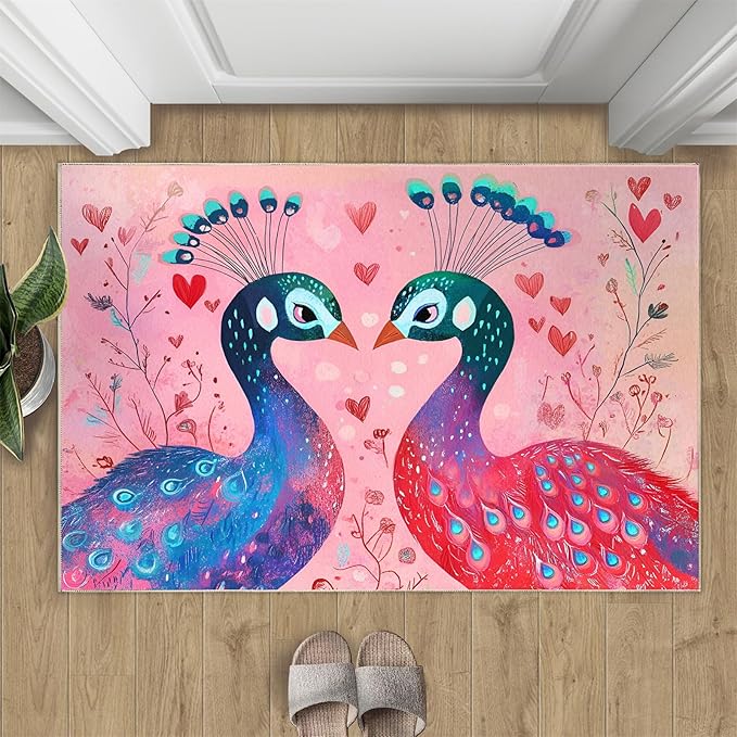 Cartoon Peacock Rug Small - 3x4 Rug, Colorful Peacock Washable Rugs for Living Room, Floral Botanical Carpet, Boho Non-Slip Area Rugs for Bedroom, Peafowl Carpet - Peafowl Home Decor & Gifts