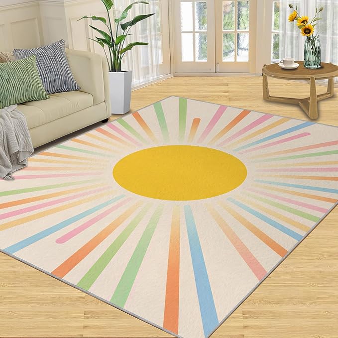 Boho Sun Area Rugs 5x6ft, Minimalist Sunburst Rugs for Kids Bedroom, Abstraction Deco Office Rug Low Pile are Not Stumbling Foot for Living Room End Table Nursery