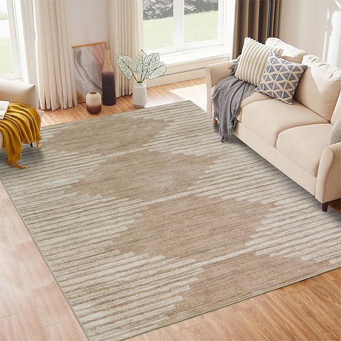 HelloTree Area Rug for Living Room 6x9 Washable Geometric Moroccan Rug Stripe Farmhouse Bohemian Minimalistic Non Slip Non Shedding Ultra Thin Soft Rug for Bedroom Office DiningRoom Nursery-Khaki