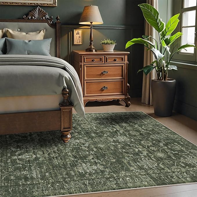 Washable Area Rug 4x6 Green Rugs for Living Room, Vintage Boho Large Rug for Bedroom Dining Room Office, Distressed Floral Print Carpet for Under Table, Soft Non Slip Low Pile Throw Carpet Indoor Mat