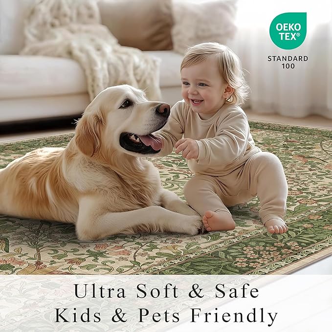 2x3 Floral Washable Area Rug for Entryway, Vintage Boho Rugs for Living Room Bedroom Dining Room, Botanical Birds Non Slip Low Pile Forest Animal Throw Carpet for Farmhouse Office, Retro Pink/Green