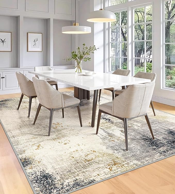 5x7 Washable Area Rugs - Modern Abstract Rugs for Living Room Non-Slip Low Pile Soft Machine Washable Carpet for Bedroom, Dining Room, Nursery, Home Office, Farmhouse (5'x7' Beige Tan)