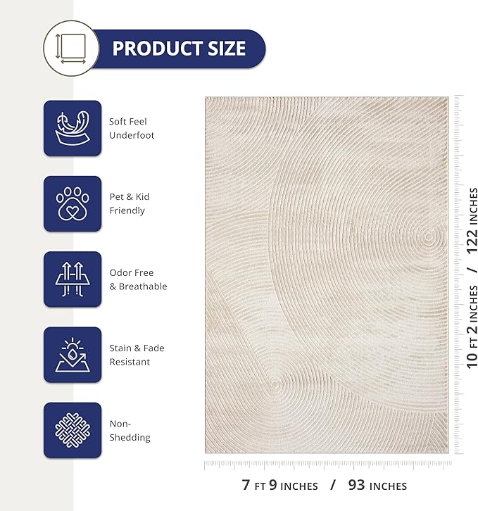 Abani Neutral Beige Area Rug 8' x 10' for Living Room, Bedroom - Zen Reiki Circles Pattern - Durable & Easy to Clean
