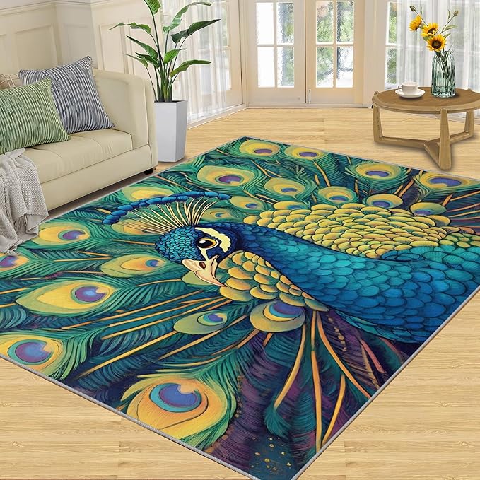 Peacock Rug 6x8-6x8 Rug, Wonderful Peacock Area Rugs for Bedroom, Teal Turquoise Rugs for Living Room, Modern Style Washable Mat, Malachite Green Feather Carpet - Peafowl Home Decor & Gifts
