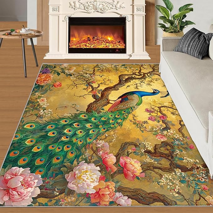 Peacock Peony Rugs for Bedroom - 4x5 Rug, Classic Peacock Peony Area Rugs for Living Room, Oriental Carpet, Floral Plant Washable Area Mat, Aesthetics Carpet - Peafowl Home Decor & Gifts