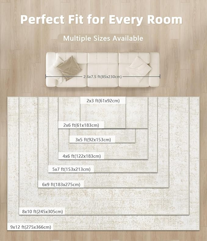 Area Rug 3x5 Entryway Rugs - Machine Washable Vintage Boho Area Rug Non-Slip Kitchen Rugs Soft Stain Resistant Indoor Door Mat, Small Oriental Throw Rug for Entrance Hallway Bedroom (Ivory, 3'x5')