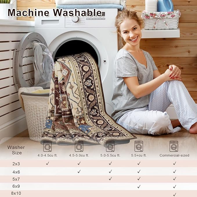 3x5 Mousse Brown Area Rug for Living Room, Machine Washable Rugs with Non-Slip Backing for Bedroom, Vintage Medallion Carpet Kitchen Laundry Kids Room Decor