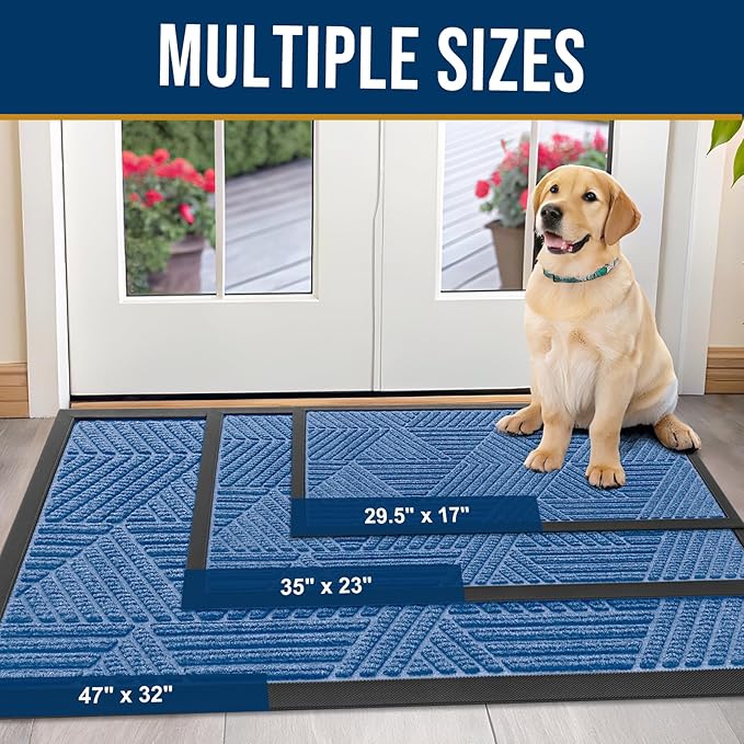 Kitinjoy Front Door Mat Outside Entrance, Sturdy Natural Dirt Trapper, Heavy Duty Rubber Doormat, Low Profile Non-Slip Backing, Easy Clean Floor Mat for Indoor Outdoor Entry, 35X23 Inch, Blue