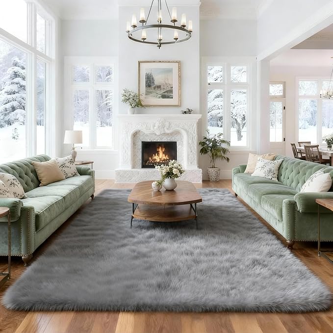 8x10 Solid Fluffy Grey Area Rug – Washable, Durable, Extra Large Living Room Rug, Non-Slip High Pile Shag Rugs for Bedroom, Playroom, Nursery Rooms, Kids Room, Soft Indoor Floor Carpet Decor