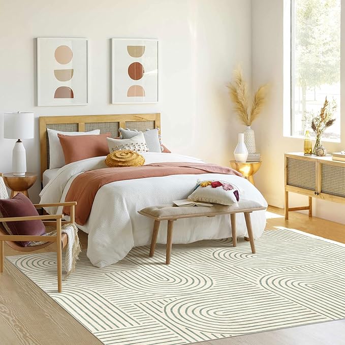 Washable Area Rug 8x10 - Large Sage Green Boho Rugs for Living Room Soft Abstract Bedroom Rug Ultra-Thin Modern Rainbow Carpet Rug for Dining Room Nursery Room Home Decor