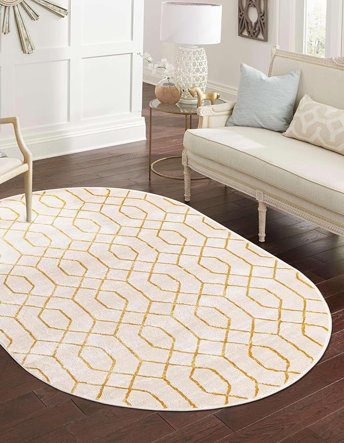 Unique Loom Glam Collection Area Rug - Trellis (7' 10" x 10' Oval, White Gold/ Gold)