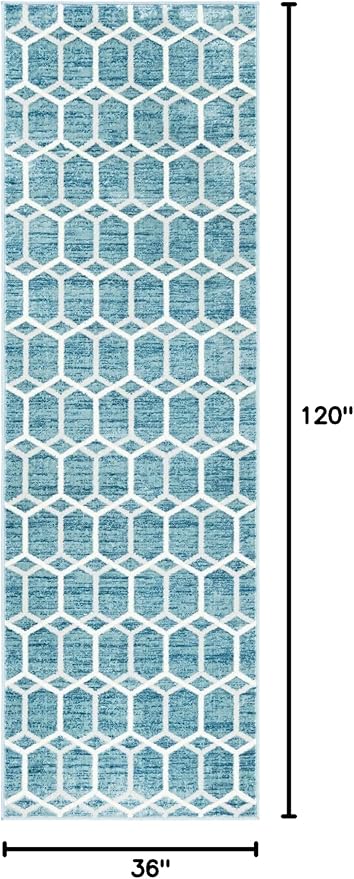 Rugs.com Lattice Trellis Collection Rug – 10 Ft Runner Blue Low-Pile Rug Perfect for Hallways, Entryways