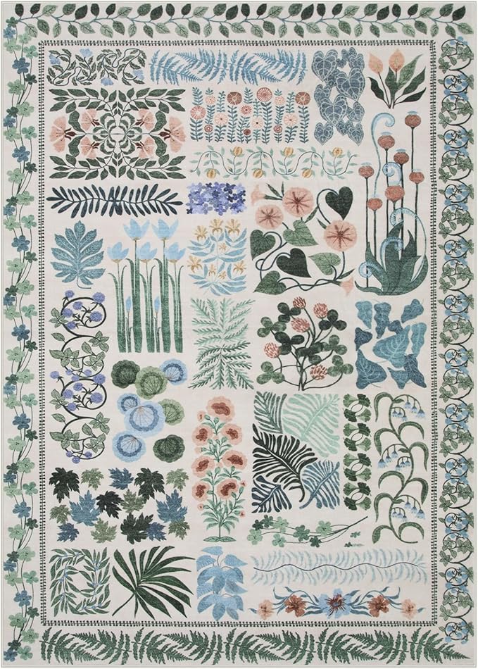 Floral Boho 5x7 Area Rugs for Bedroom Living Room, Botanical Soft Dining Room Rug, Large Non Slip Stain Resistant Indoor Throw Carpet for Entryway Kitchen Office Playroom (Beige,5 x 7)