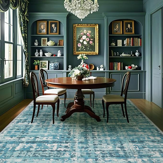 9x12 Abstract Area Rugs for Living Room, Modern Teal Blue Washable Indoor Rug for Bedroom, Thin Soft Large Non-Slip Carpet for Dining Room Home Office Farmhouse Decor