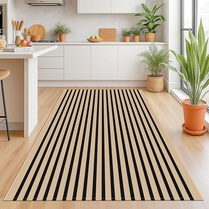 KOZYFLY Brown and Black Striped Rug 4x6 Ft Area Rug Washable Indoor Outdoor Rug Cotton Door Mat for Double Front Door Entryway Patio Porch Living Room Carpet