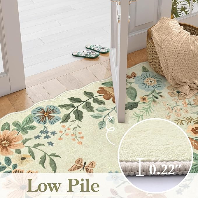 Lahome Floral Round Area Rugs, Washable Small Round Rug 3ft Non-Slip, Soft Boho Ultra-Thin Circle Carpet for Bedroom Entryway Kitchen Laundry Bathroom, Beige