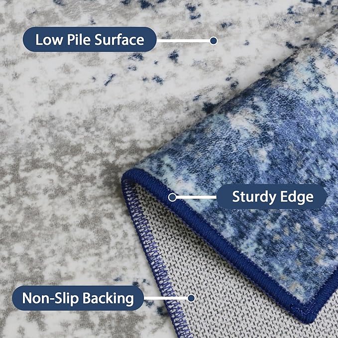 GENIMO 3x5 Area Rugs for Living Room, Machine Washable Non Slip Blue Rugs, Low Pile Lightweigt Modren Print Indoor Rug for Bedroom, Dining Room, Home Office, Blue Ivory