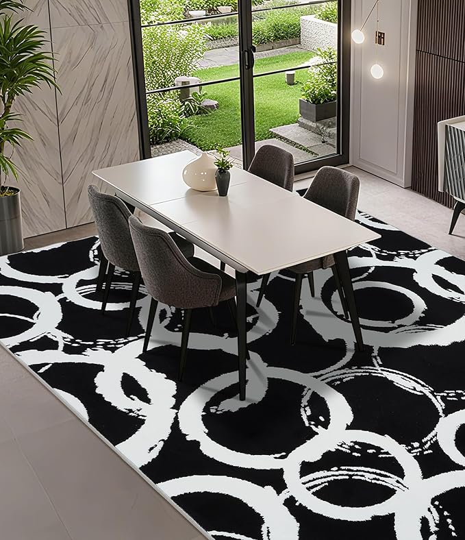 YIHOUSE Black Modern Geometric Area Rug 6x9, Black and White Rug with Abstract Circles,Non-Shedding Washable Rugs for Bedroom, Home Office and Living Room