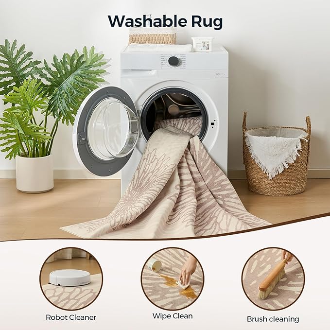 WITSHOCK 6x8 Area Rugs for Living Room: Beige Floral Washable Rugs for Bedroom Dining Room Office Nursery Modern Non-Slip Stain Resistant Low Pile Home Decor（Beige/Brown,6'x8'）