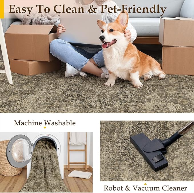 4x5 Washable Brown Area Rug Vintage Entryway Office Carpet Non-Slip Soft Low Pile Distressed Indoor Throw Rug for Living Room Bathroom Dining Room