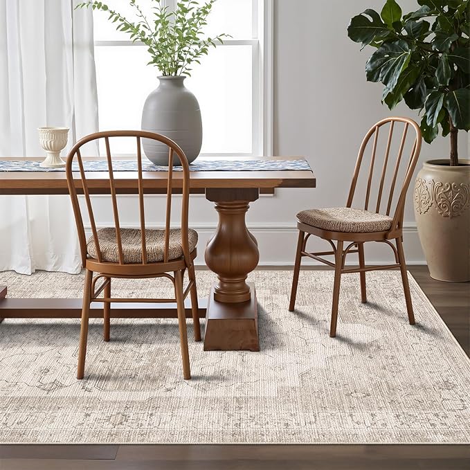 LUMI 8x12 Washable Area Rug for Living Room, Ultra Soft Vintage Rugs with TPE Non Slip Backing, Stain Resistant, Low Profile Carpet High Traffic for Bedroom, Dining Room