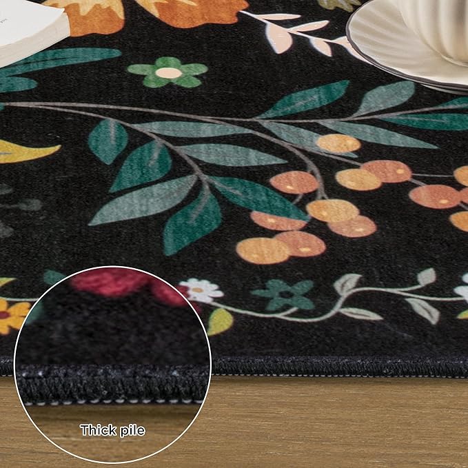 2x3 Washable Rug for Entryway, Floral Soft Small Area Rug, Non Slip Doormat Indoor Entrance Carpet, Flower Low Pile Front Door Throw Rug for Bedroom, Kitchen, Laundry, Bathroom, Black