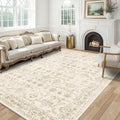 Washable Area Rug 5x7 Beige Rugs for Living Room, Vintage Boho Large Rug for Bedroom Dining Room Office, Distressed Floral Print Carpet for Under Table, Soft Non Slip Low Pile Throw Carpet Indoor Mat